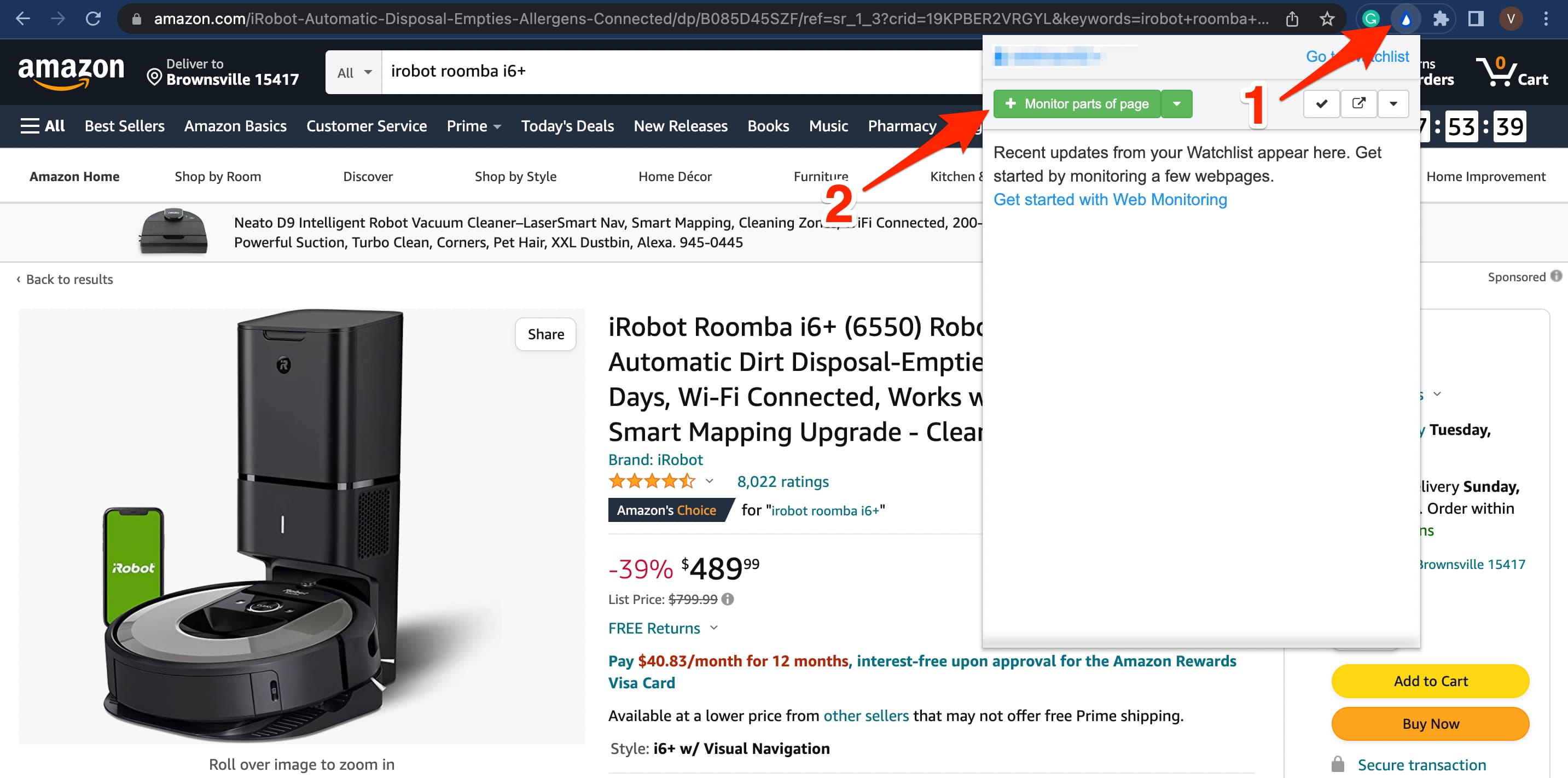 Select parts of the amazon page you want to monitor