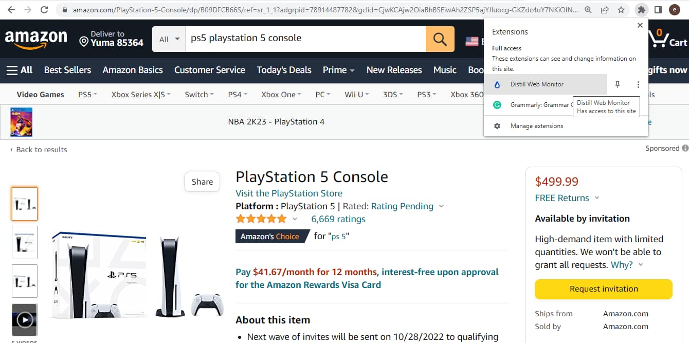 Distill chrome extension to track ps5 price