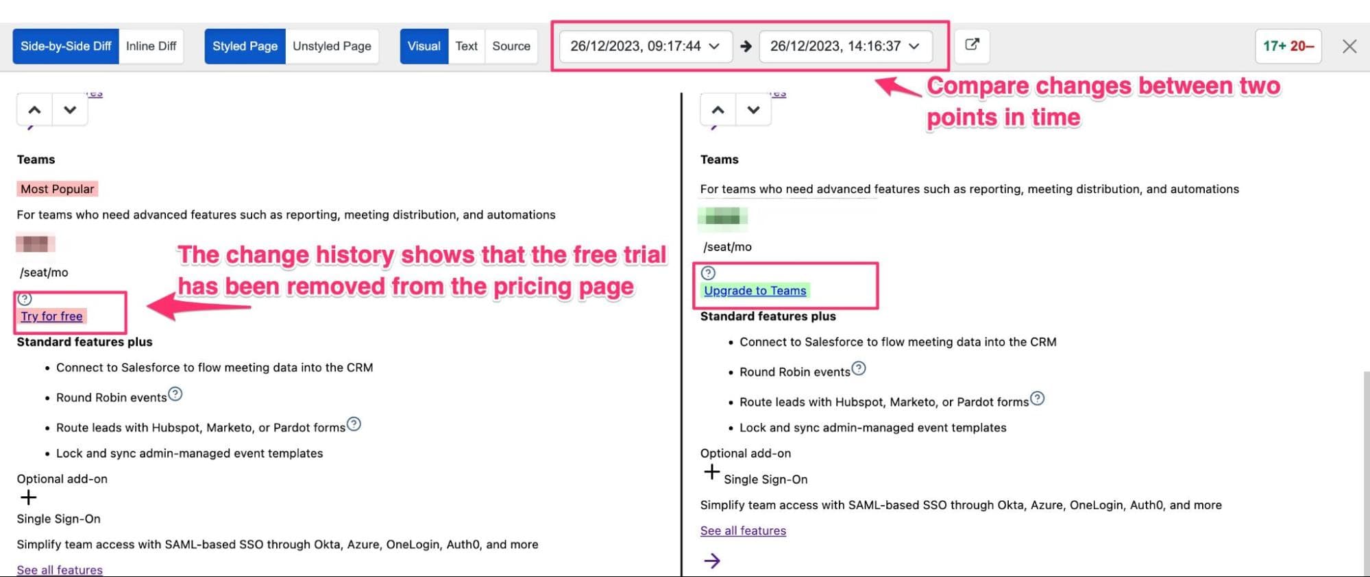 View changes in pricing page to understand trends in pricing strategy