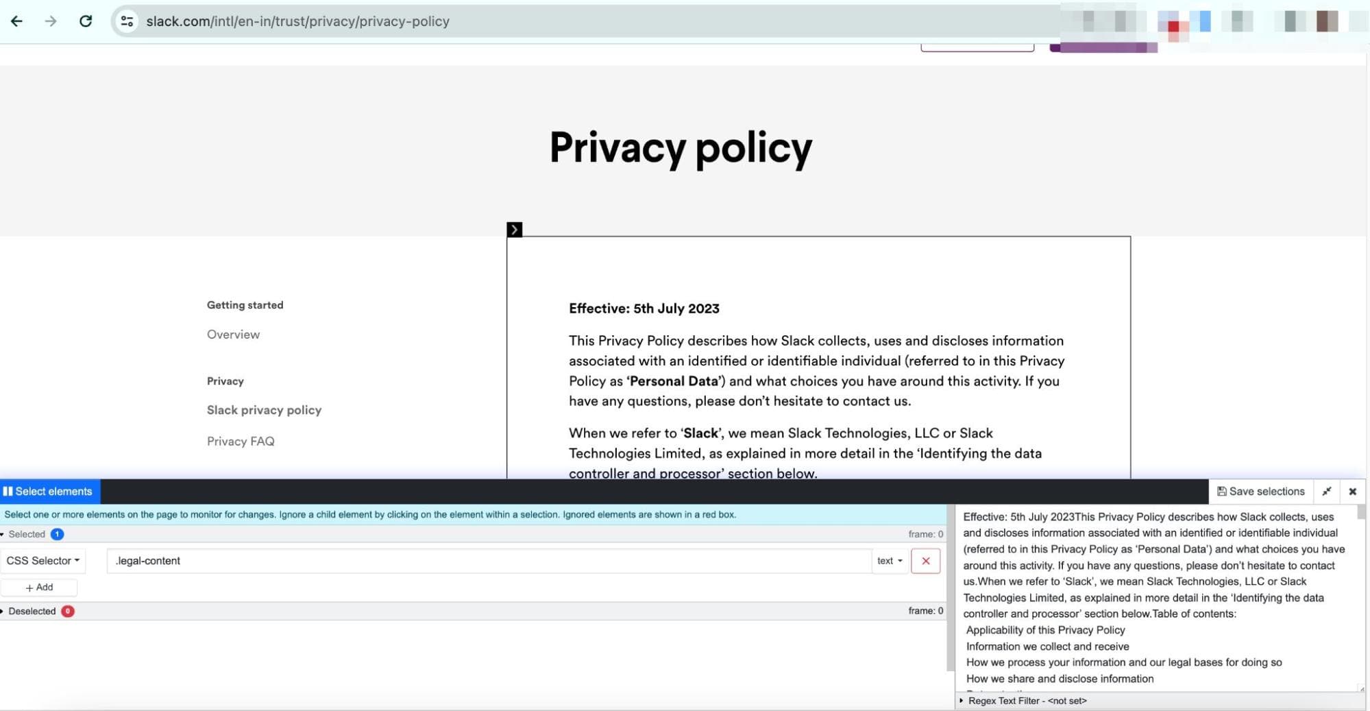 Tracking changes in the privacy policy 
