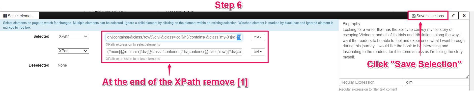 XPath code and click Save Selection