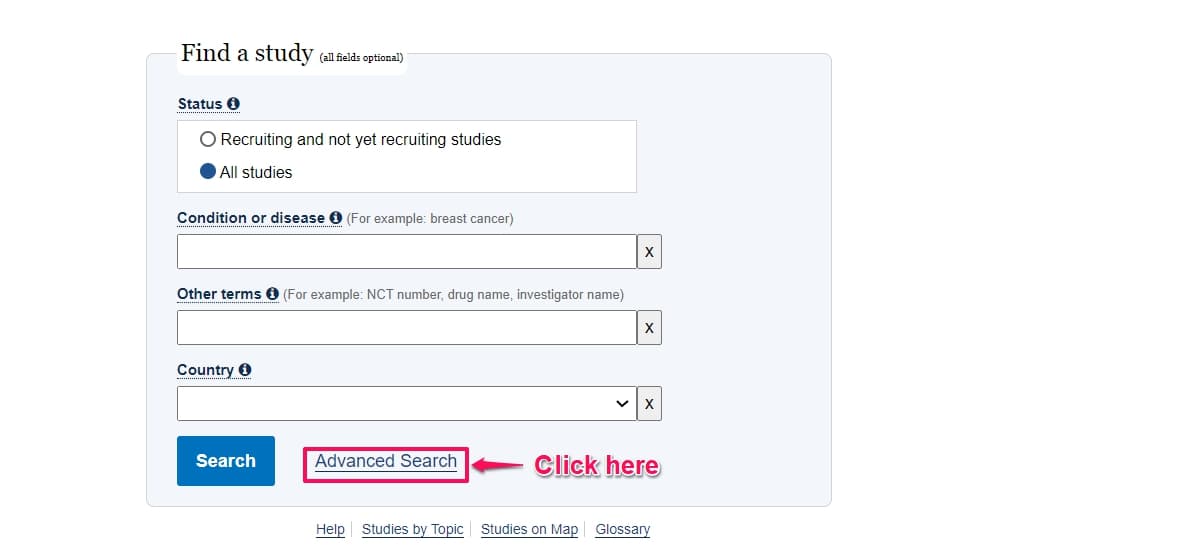 Advance search feature in clinicaltrial.gov