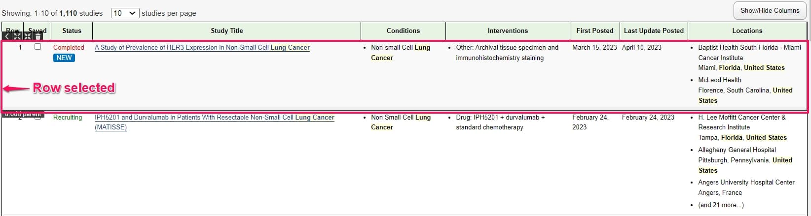 Select row of clinical trial feed for tracking