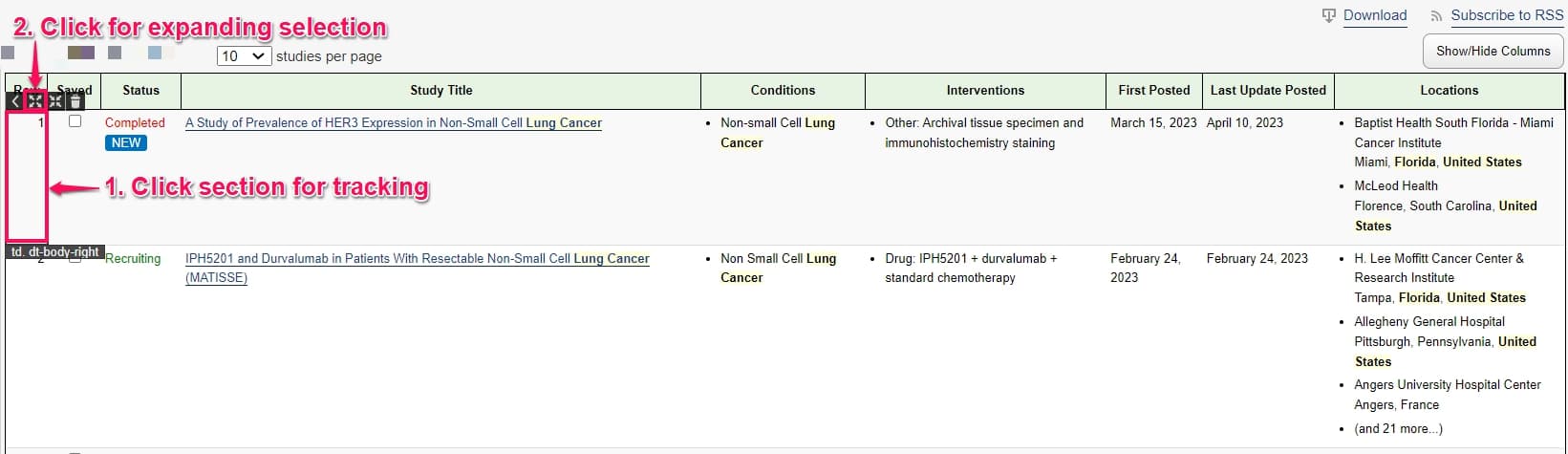 Select section of clinical trial feed for tracking