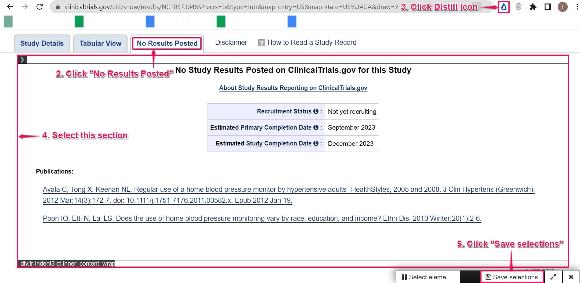 Select results section of clinical trial webpage