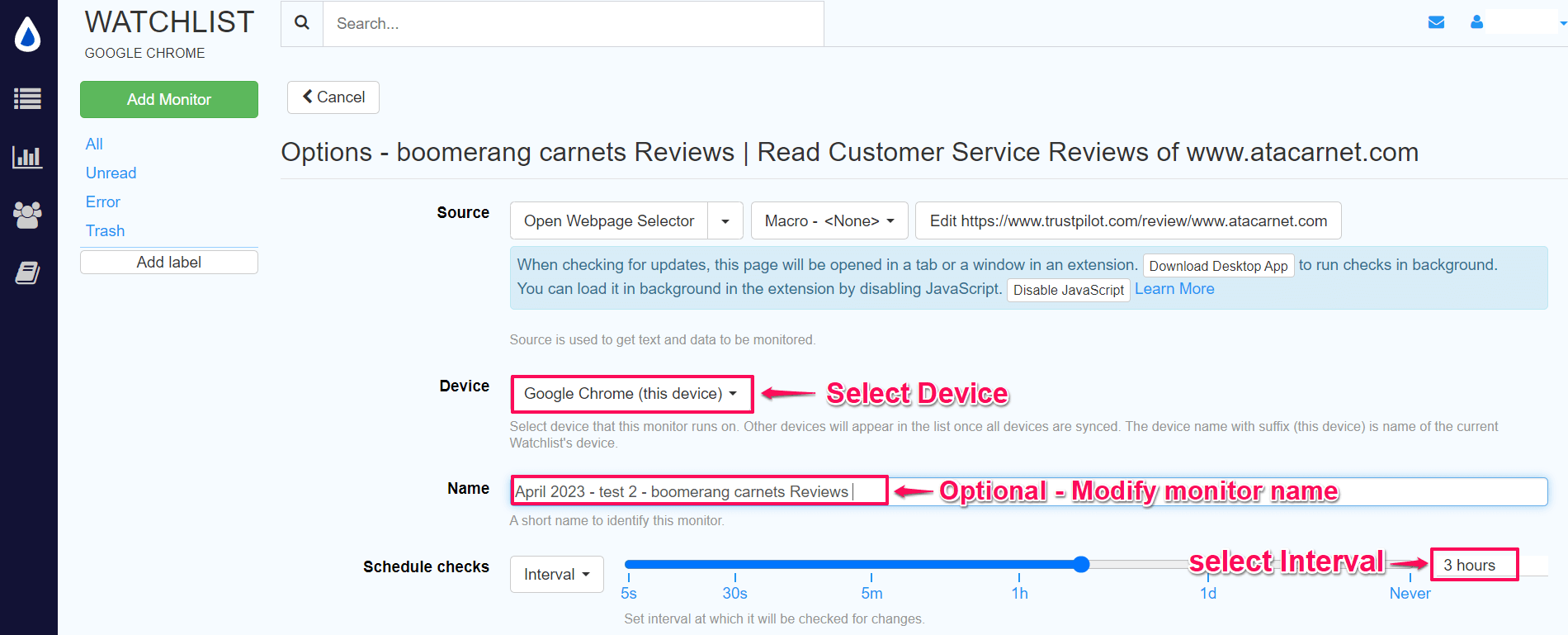 Edit settings in Dashboard