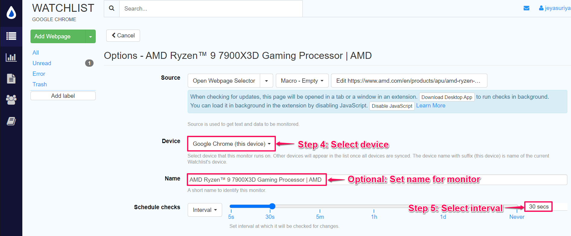 Configure setting for Monitoring AMD webpage