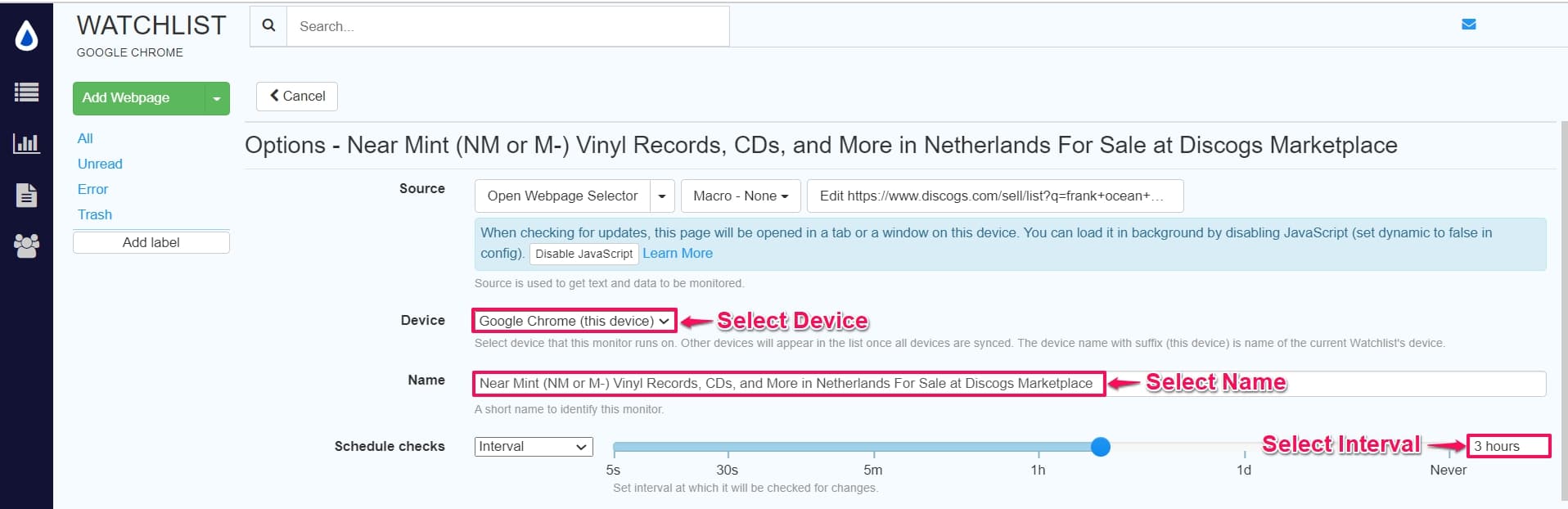 Configure tracking using options