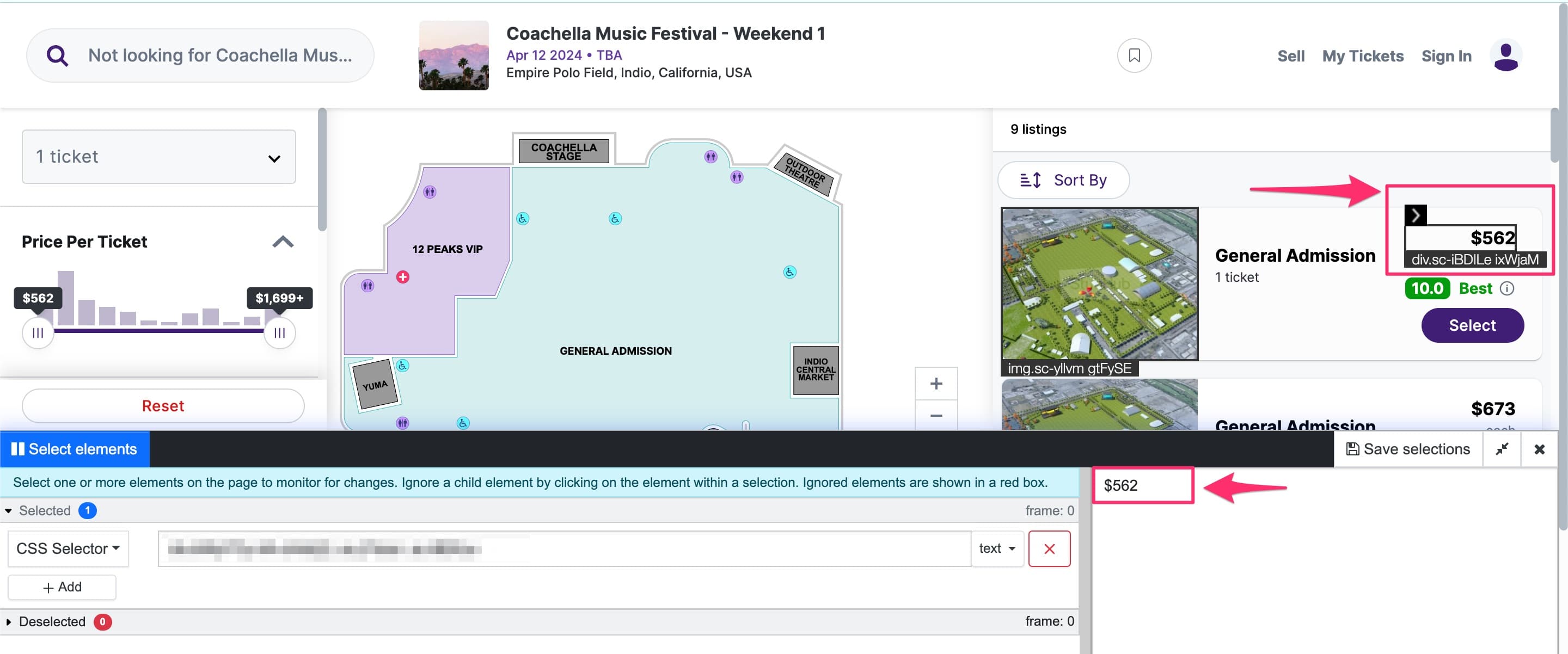 Tracking price changes on Coachella tickets