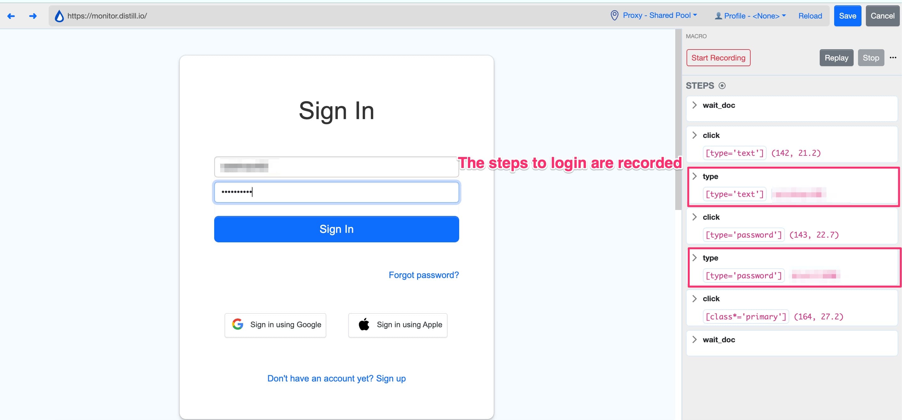 recording macro to login to a page and how steps are recorded
