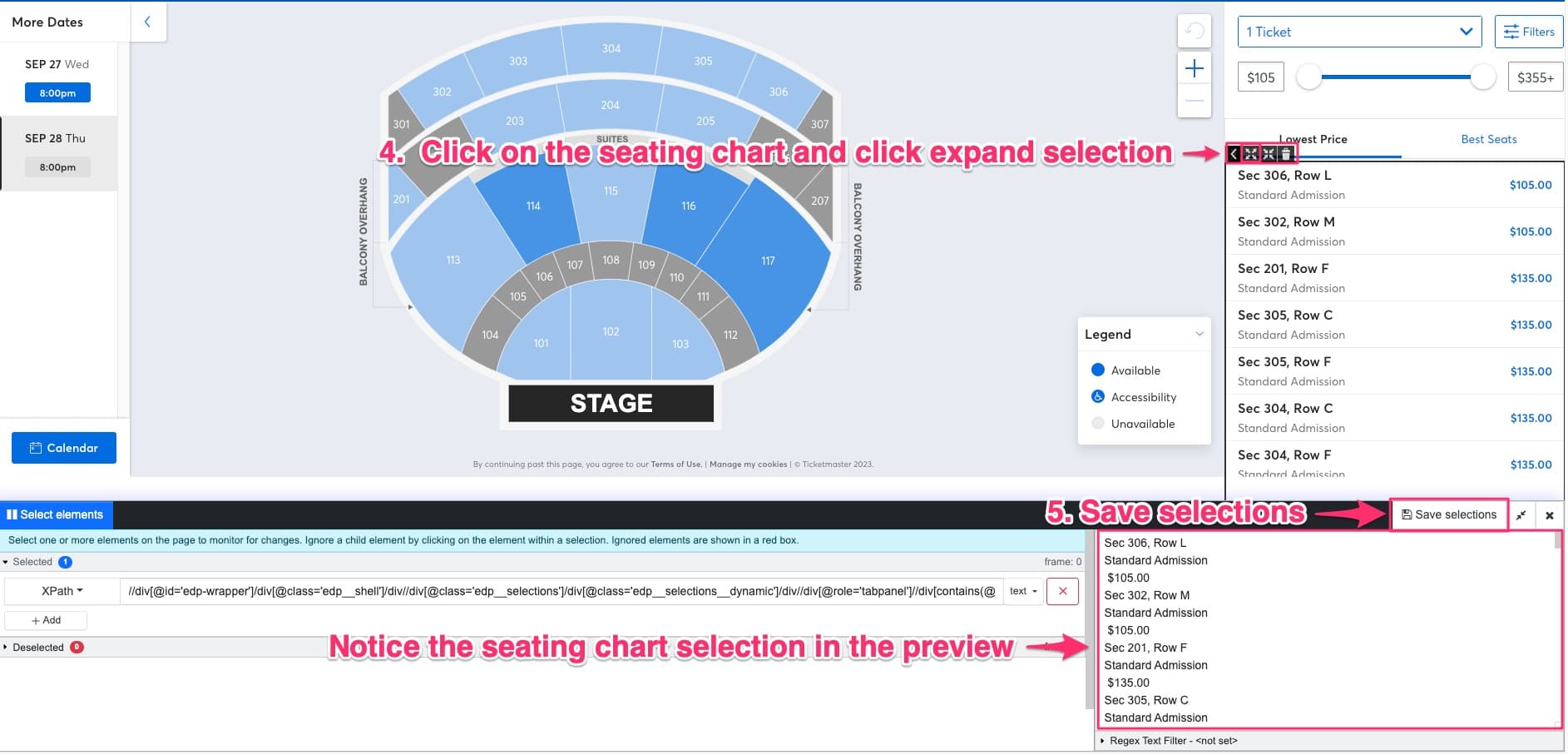 selecting the seating section to be tracked using visual selector