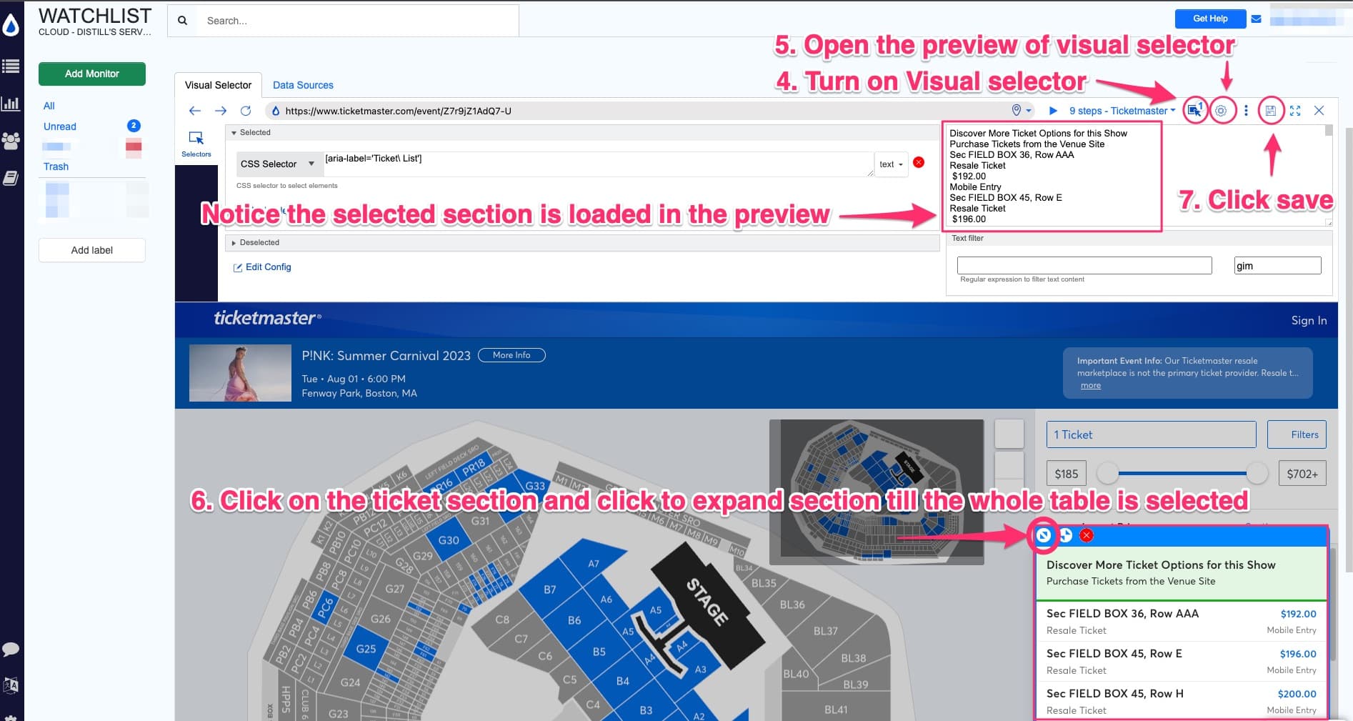 automating set of actions on Ticketmaster website using Distill macros