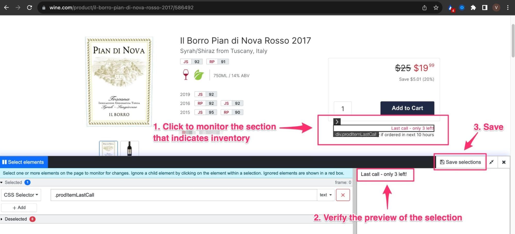 Selecting the stock status element on Wine.com