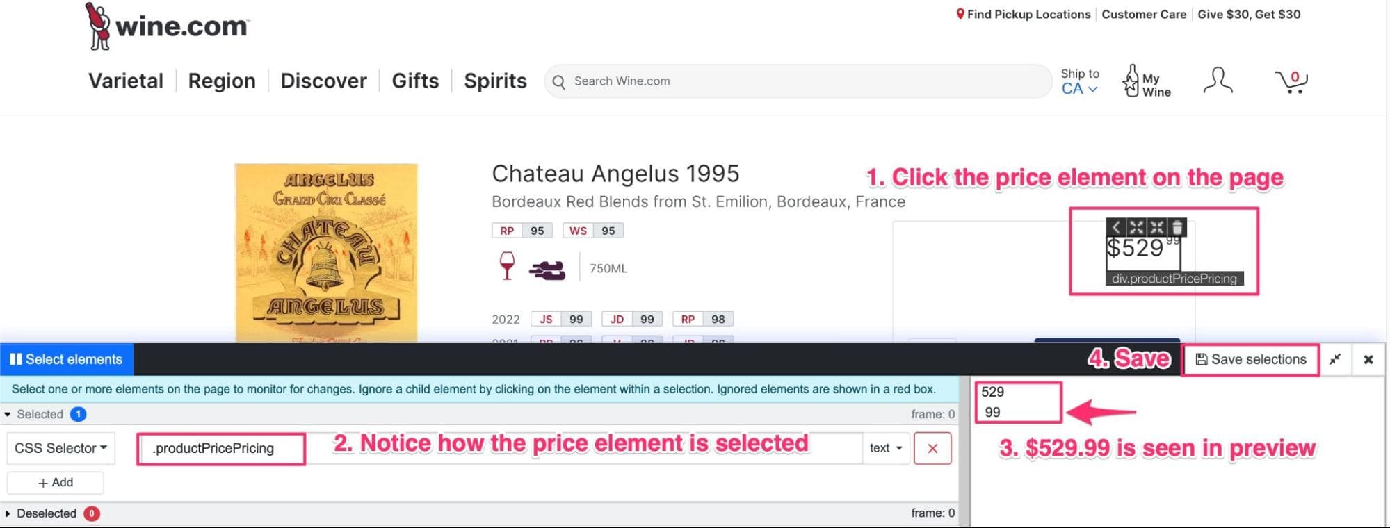 Selecting the price element on a wine product page