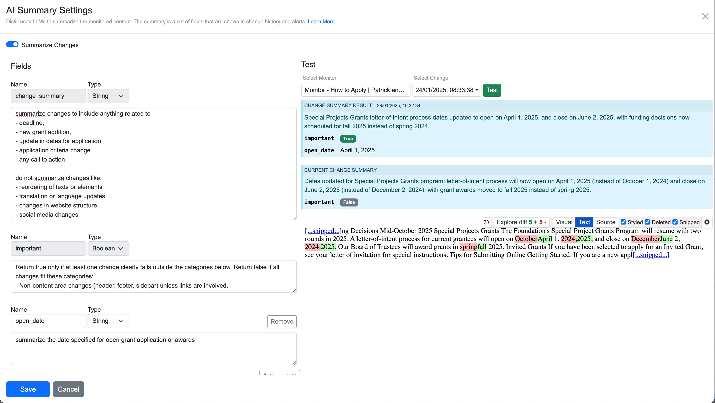 test results of change summary after prompt update