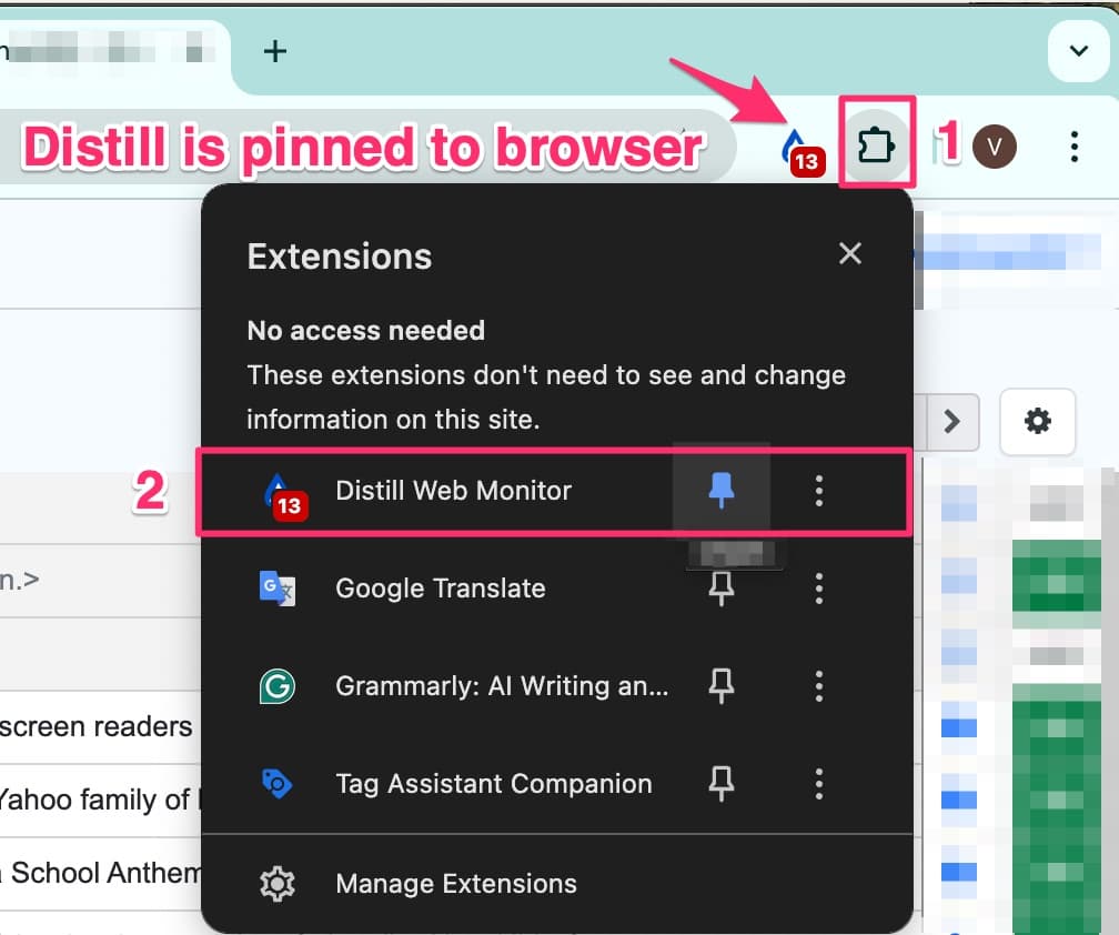 Steps to pin Distill extension to browser