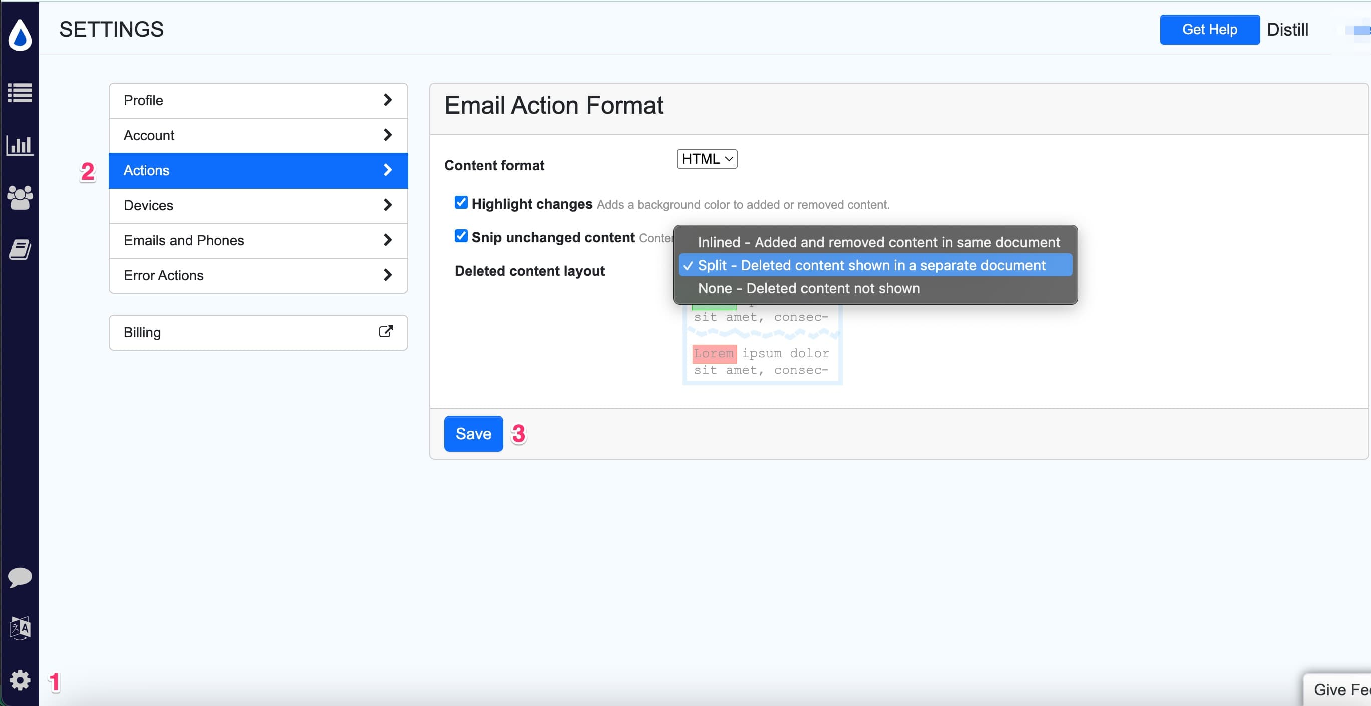 Show options and preferences for email action 