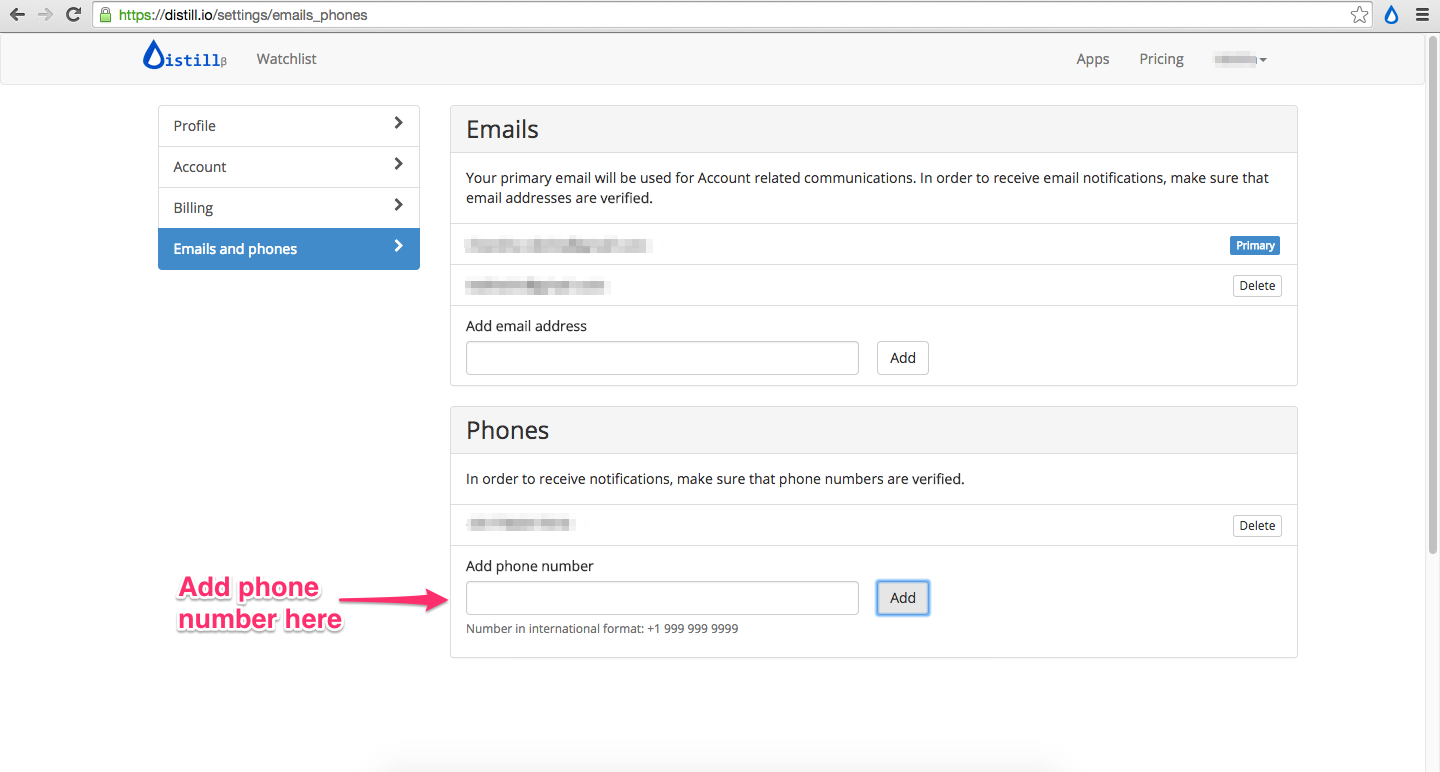 Add a phone to Distill Web Monitor