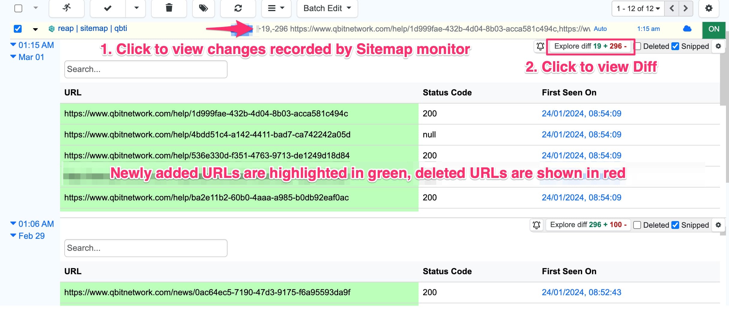 Change history of a sitemap monitor