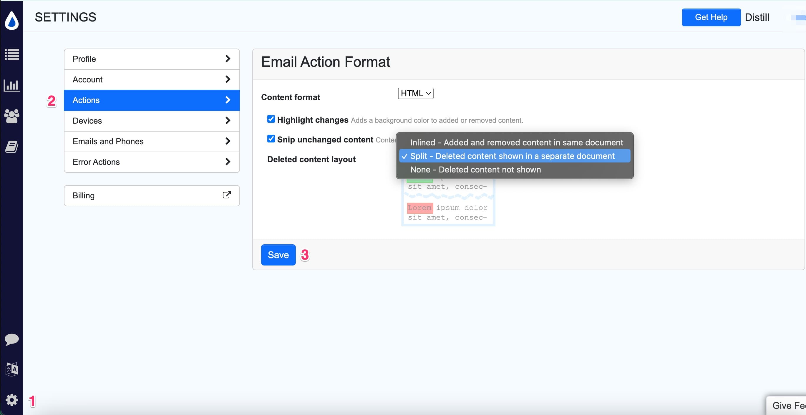 Show options and preferences for email action